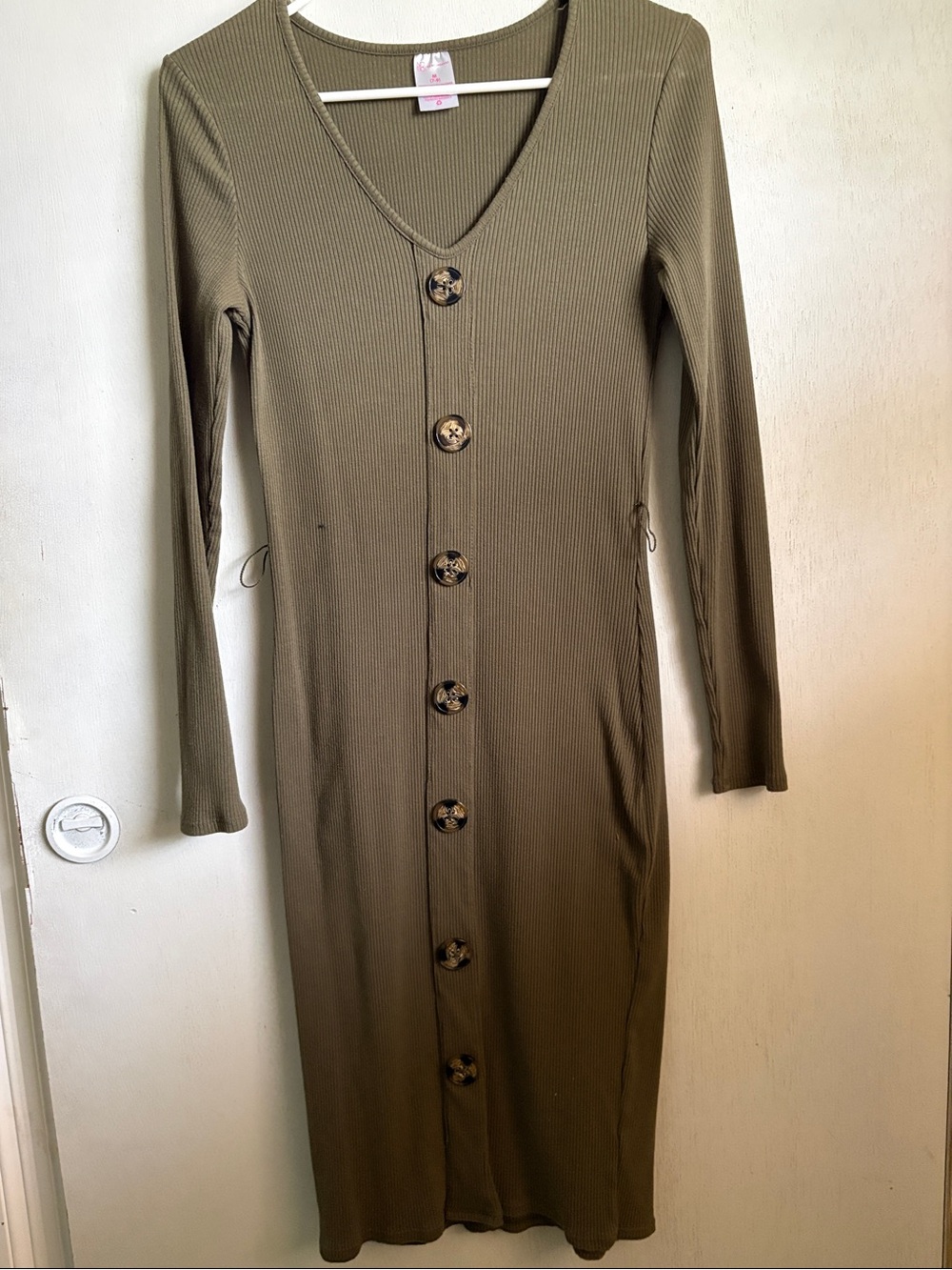 No Boundaries Olive Ribbed Long-Sleeve Button Midi Dress